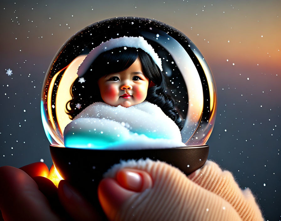 Snow globe with chubby-cheeked child in winter cap and snowflakes