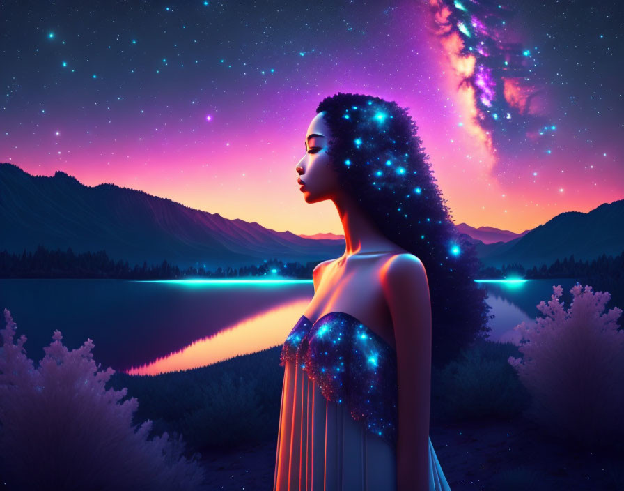 Digital artwork: Woman with star-filled hair admires vibrant night sky over serene lake