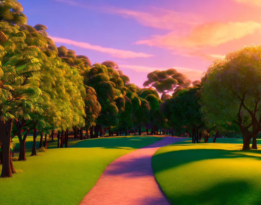 Surreal landscape with winding path, green hills, and oversized trees