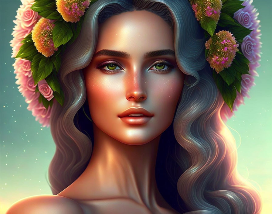 Detailed Illustration of Woman with Long Wavy Hair and Floral Wreath