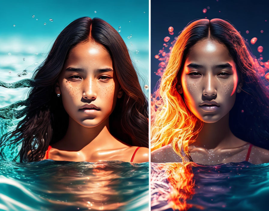 Split image of girl with hair in water: cool blue tones on one side, warm orange-red hues