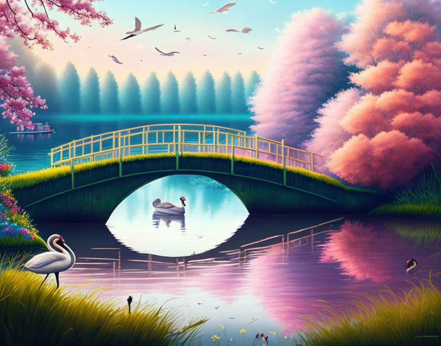 Tranquil lake scene with swan, wooden bridge, lush trees, and pink blossoms