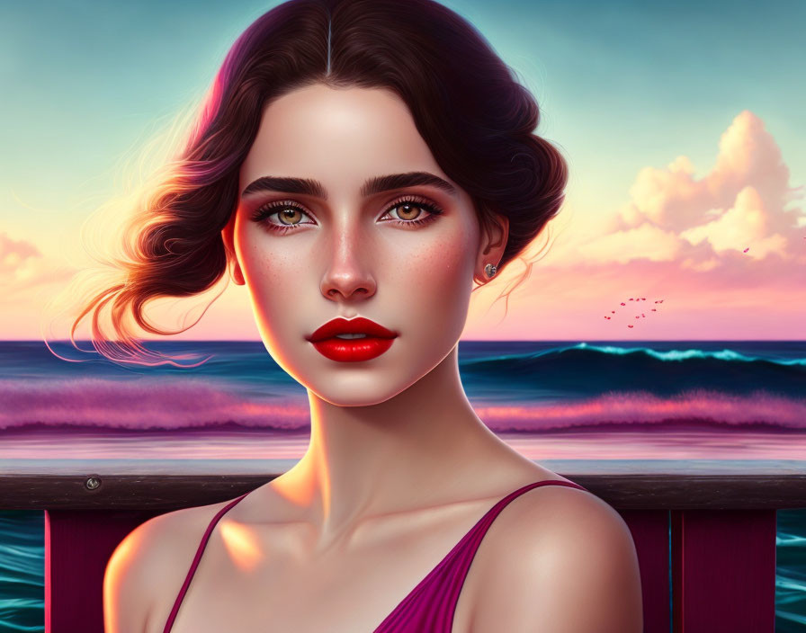 Woman with Dark Hair and Green Eyes in Sunset Seaside Digital Portrait