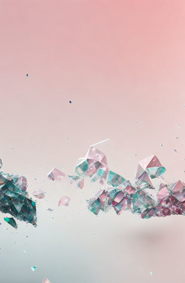 Colorful crystal shards floating in pink and teal gradient.