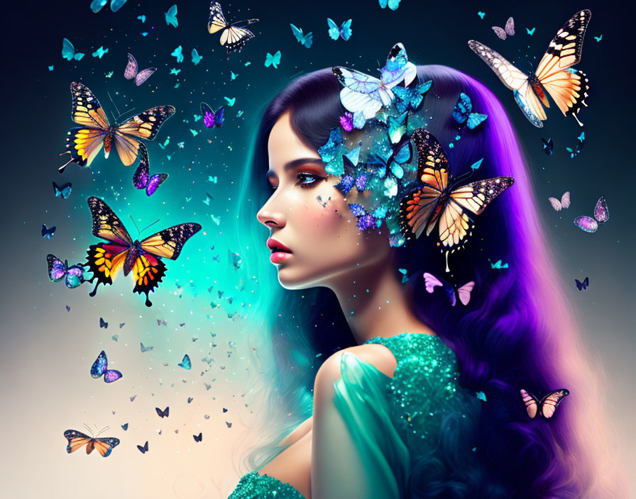 Surreal portrait: Woman with purple hair and fluttering butterflies