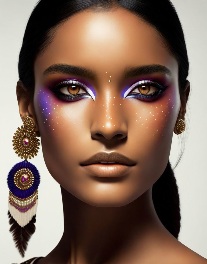 Woman with Purple Eye Shadow and Glitter Makeup, Colorful Dreamcatcher Earrings