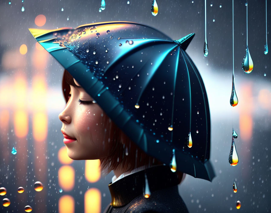 Woman with Bob Haircut Holding Blue Umbrella in City Lights