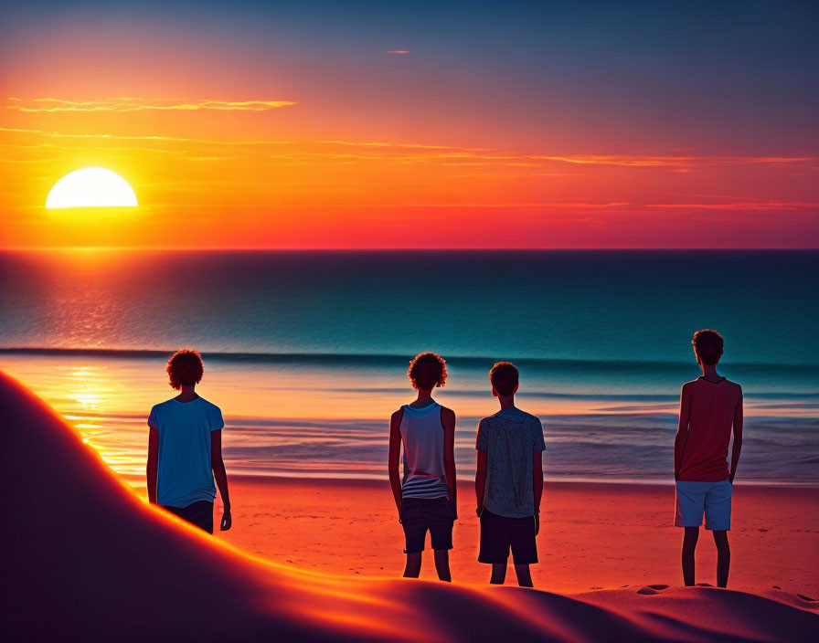 Four people enjoying a colorful ocean sunset on sandy beach