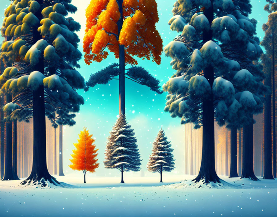 Snow-covered pines in serene winter forest scene with autumnal gradient.