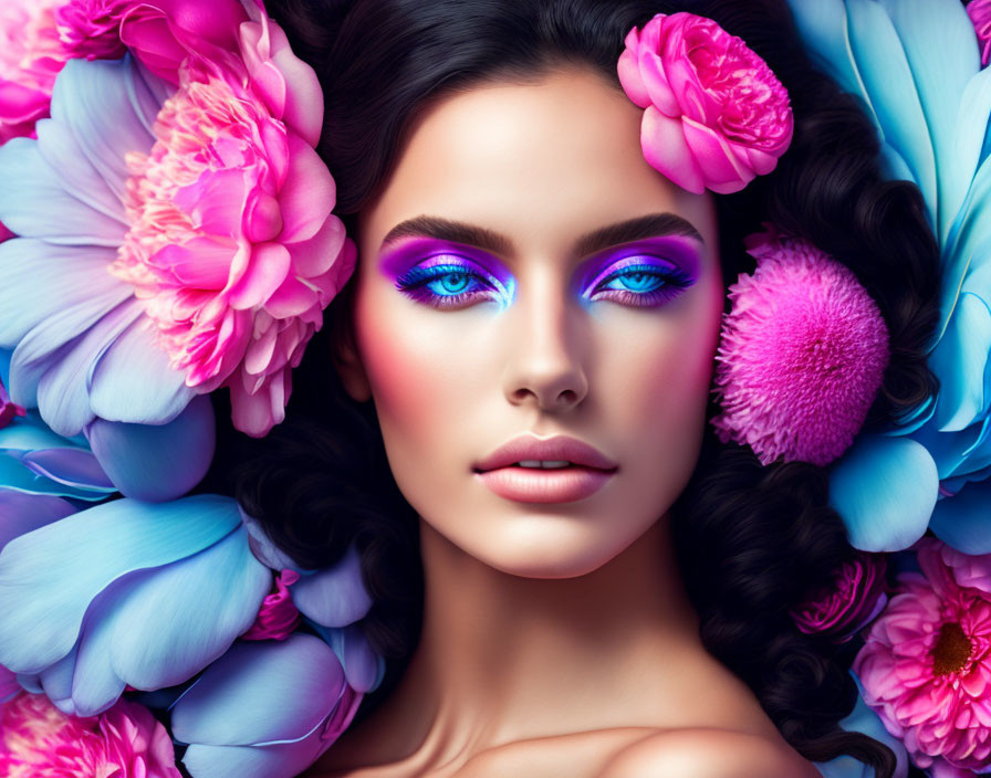 Colorful Makeup Woman Amid Flowers