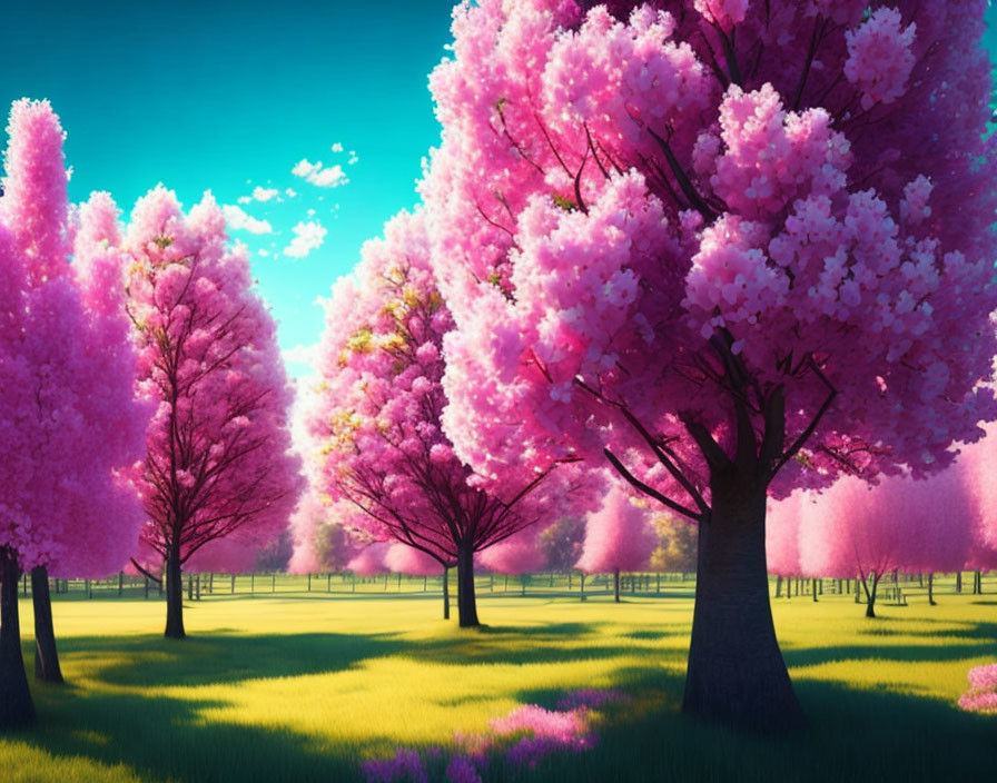 Pink cherry blossom trees on grassy path under blue sky