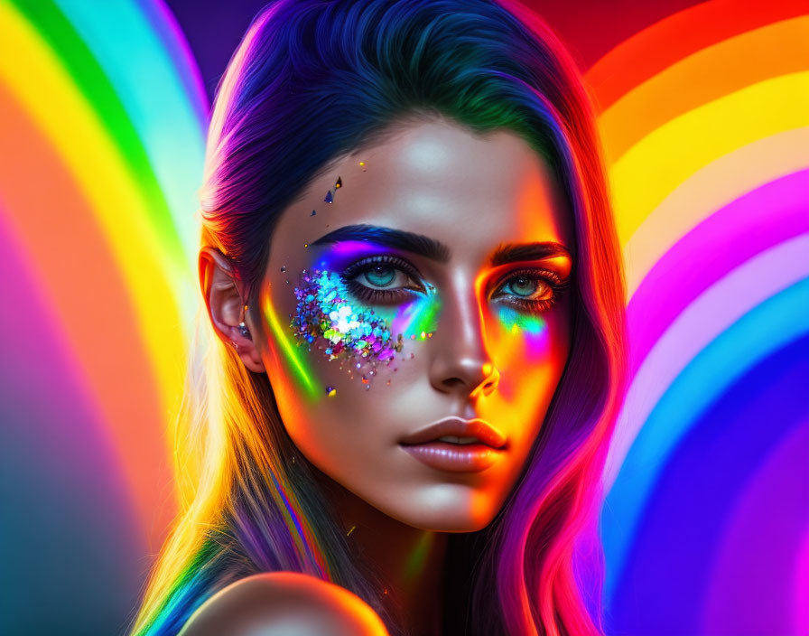 Vibrant Neon Makeup Against Rainbow Background