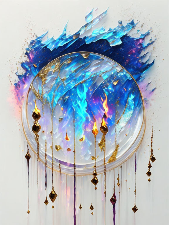 Circular Abstract Painting: Blue and Gold Hues with Feathers and Flames