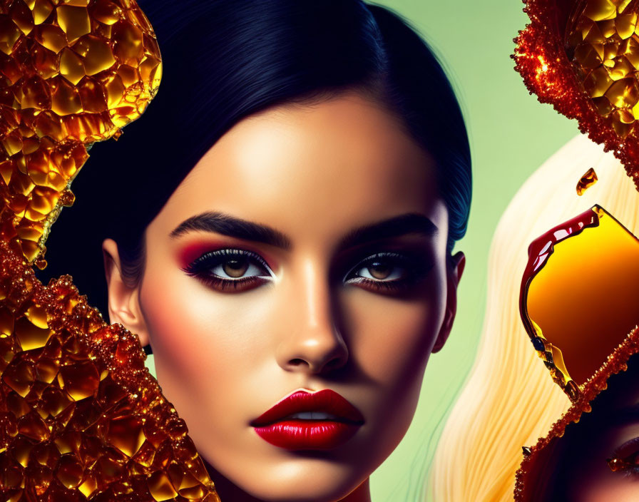 Striking makeup woman poses by honeycombs with dripping honey.