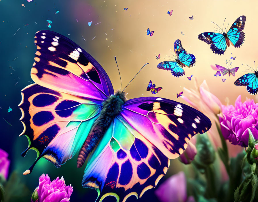 Colorful Butterfly on Pink Flowers with Floating Petals and Other Butterflies