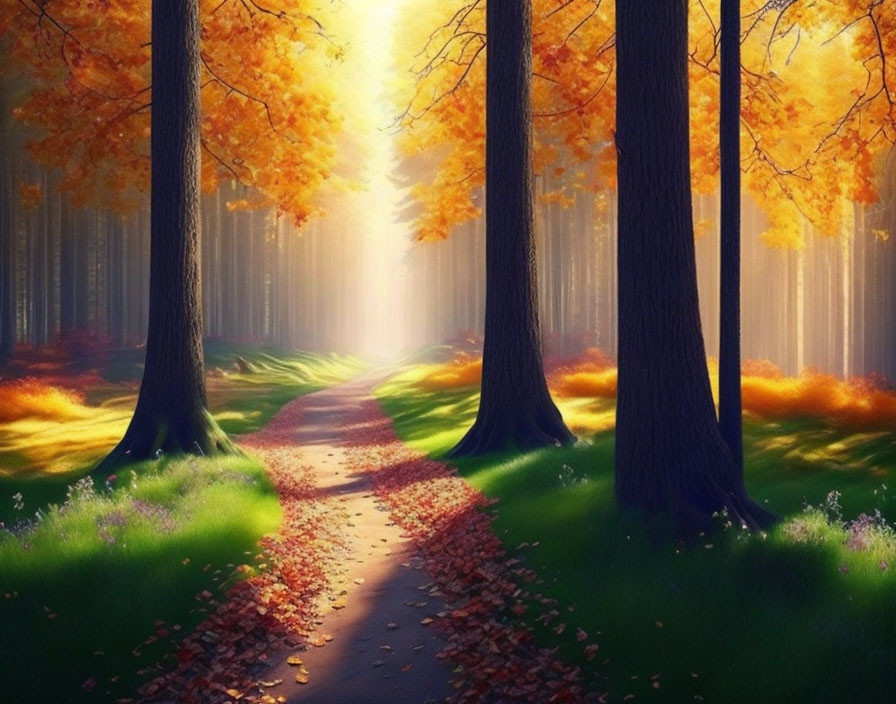 Tranquil Autumn Forest Path with Fallen Leaves and Sunlight