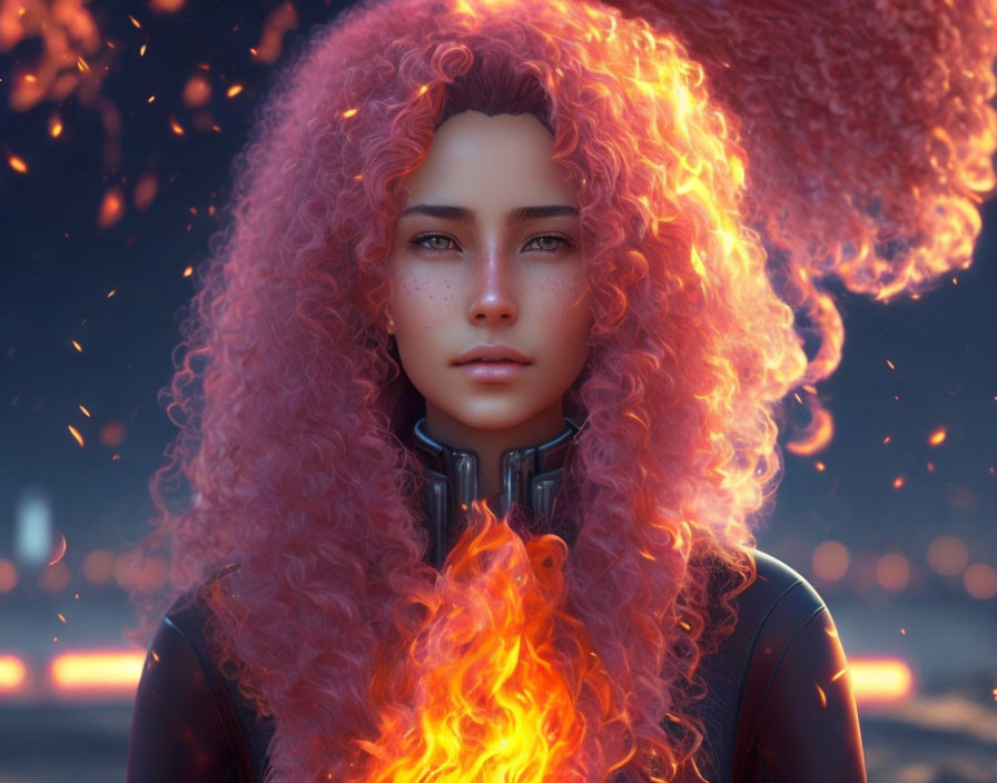 Digital artwork: Person with curly red hair, serene expression, glowing ember particles, night backdrop.