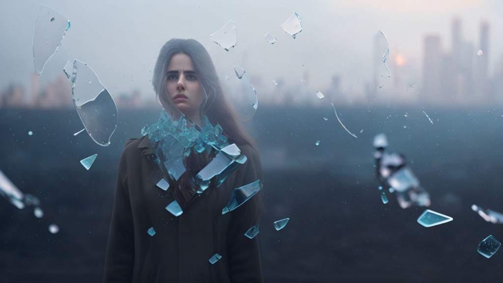 Woman with shattered glass effect in urban setting.