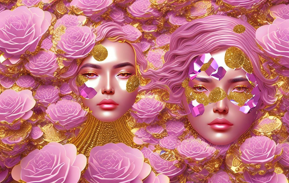 Stylized faces with golden accents and floral elements on pink rose background