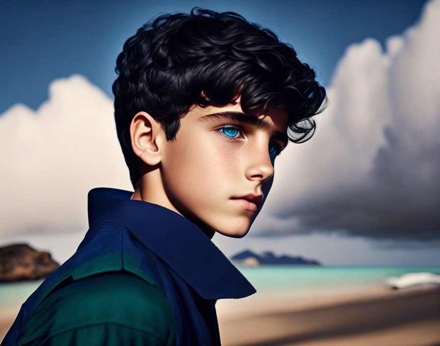 Curly-Haired Boy with Blue Eyes on Beach in Navy Coat