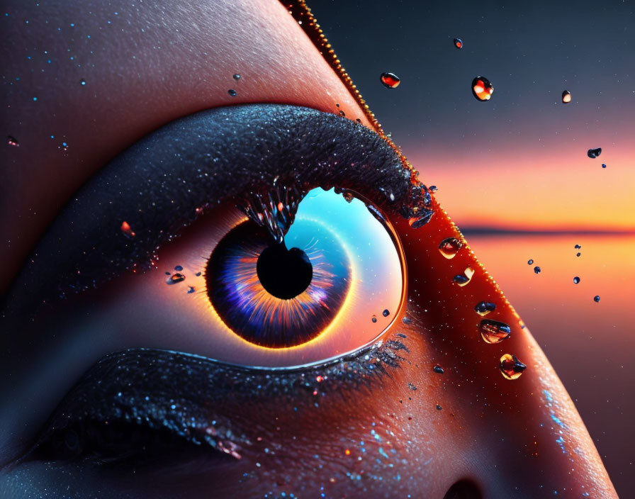 Human eye with dewdrops reflecting sunset on eyelashes against gradient background