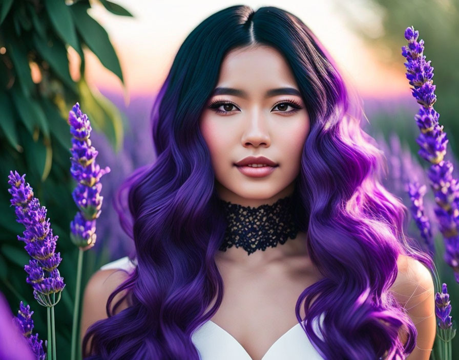 Woman with Purple Hair and Lavender Makeup in Black Choker and White Top