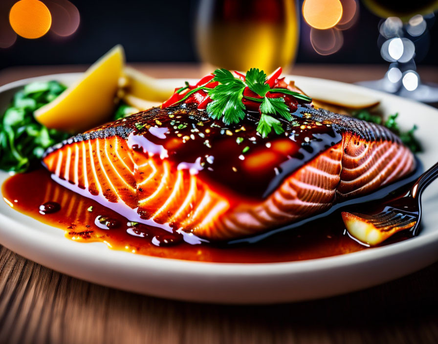 Grilled Salmon Fillet with Teriyaki Sauce and Garnishes on White Plate