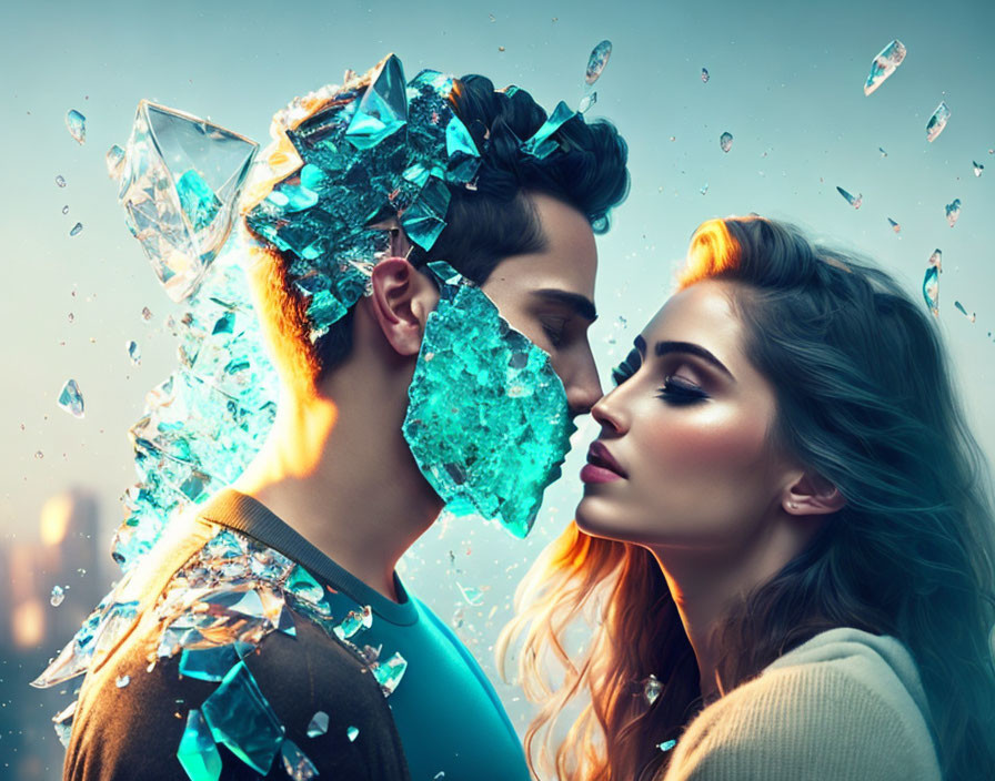 Digital artwork: Man and woman profiles facing, blue crystal fragments emerging