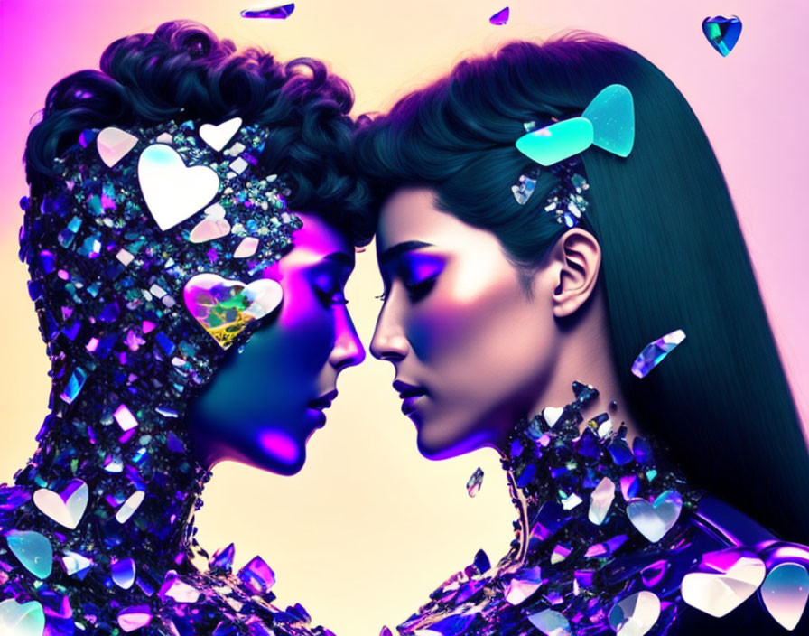 Two women with purple, pink, and blue crystalline skin textures against colorful backdrop.