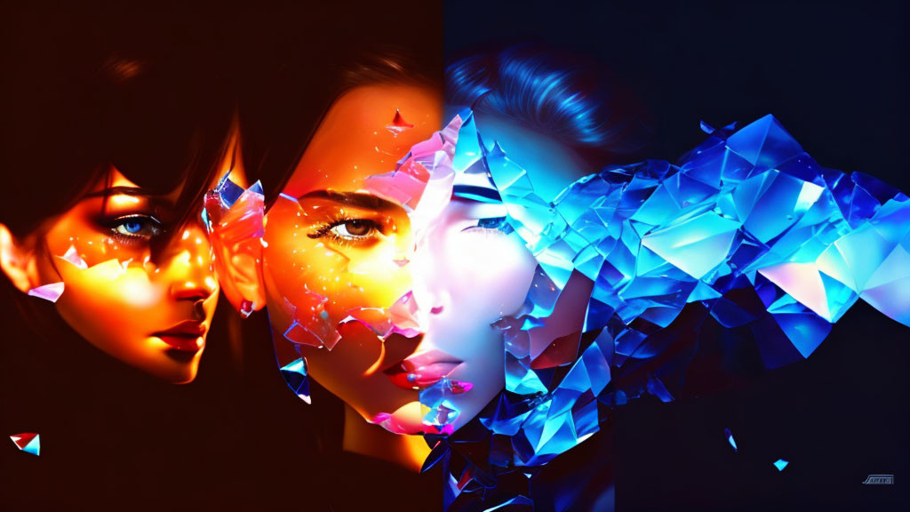 Digital artwork: Two female faces, one shattering into vibrant blue crystals