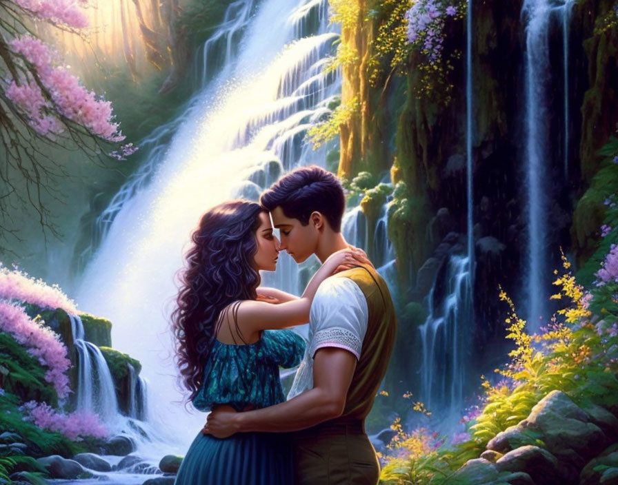 Couple embracing in front of cascading waterfall with lush foliage.