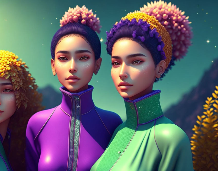 Twin female characters in floral hairpieces and high-collar jackets in a mystical garden.