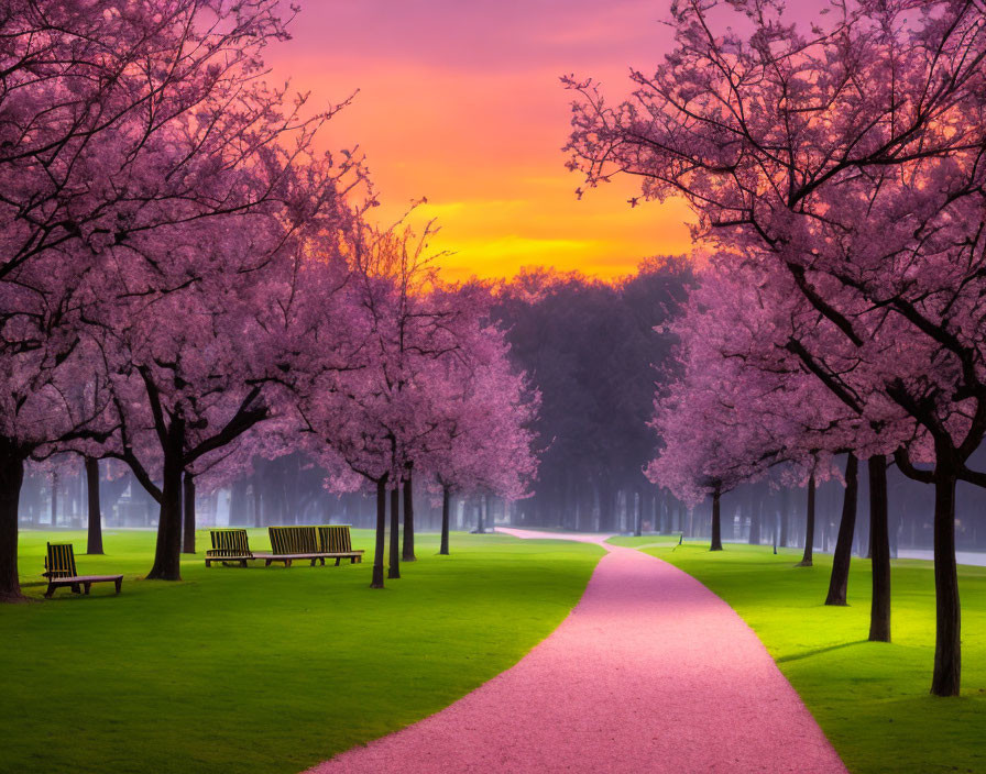 Tranquil Path with Pink Cherry Blossom Trees at Sunset