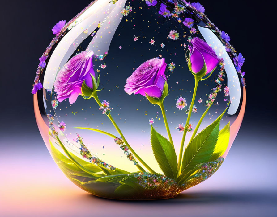 Digital artwork: Glass terrarium with purple flowers and green leaves