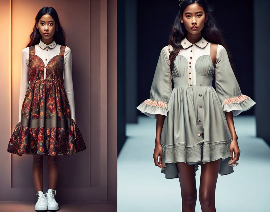 Woman in stylish photo shoot wearing floral and buttoned dresses