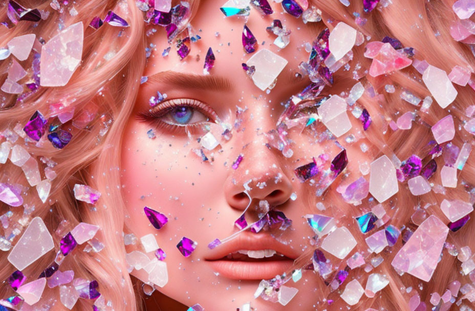 Woman's face in digital artwork with pink and purple crystals and dreamy expression