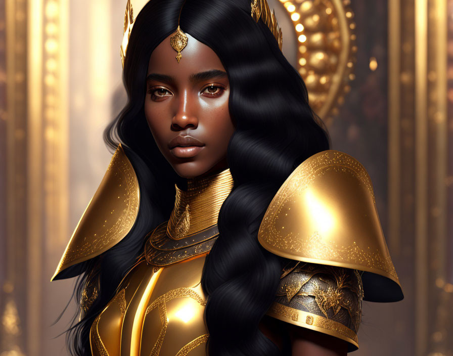 Regal woman with deep skin in golden armor and headpiece