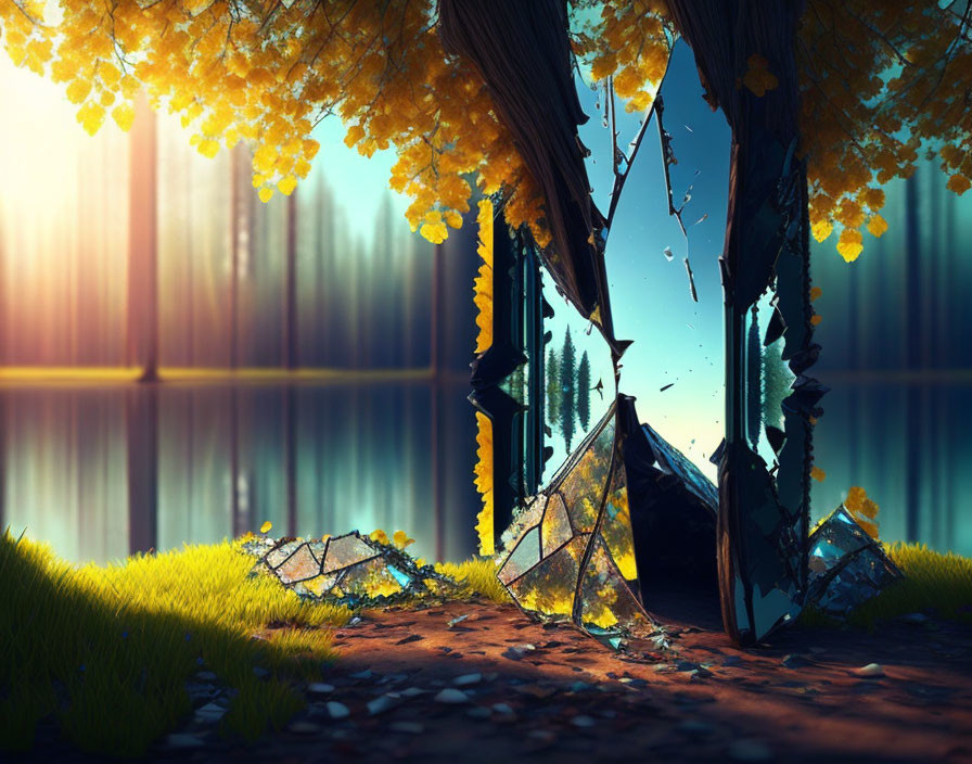 Shattered mirror reflecting serene forest and lake in autumn landscape