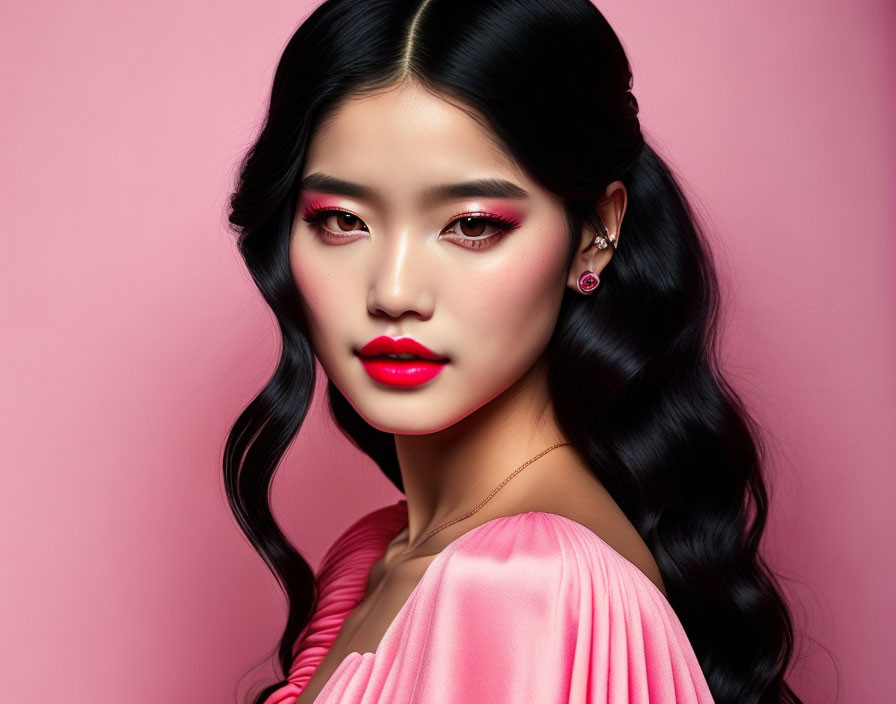 Dark-haired woman in elegant attire on pink background