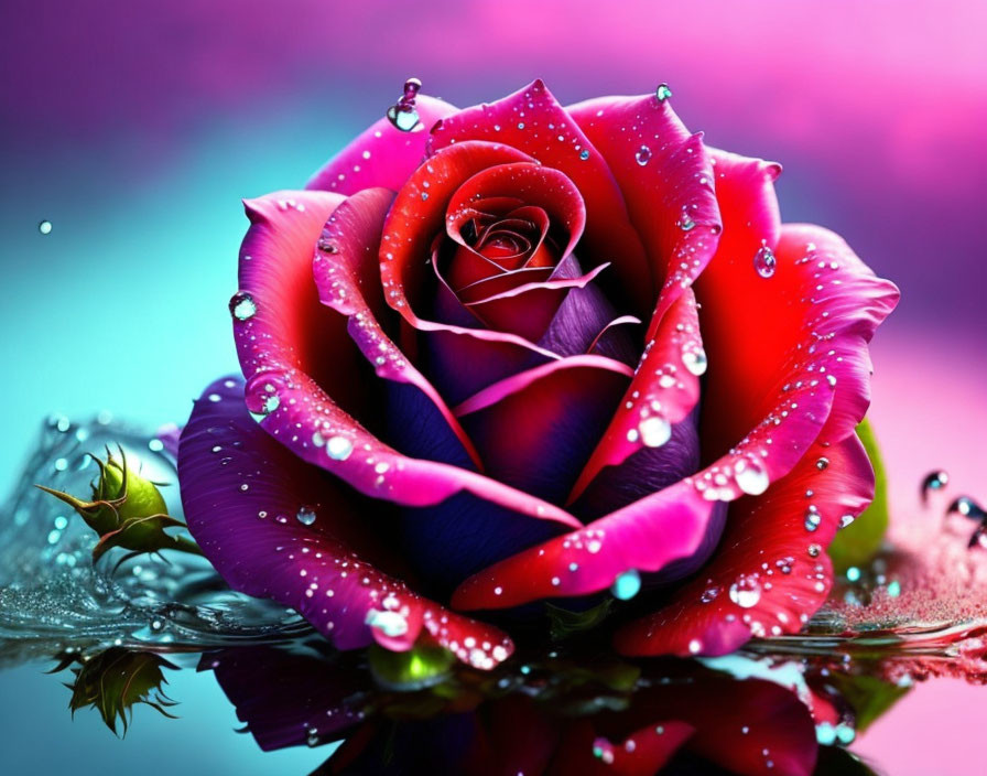 Vibrant red and purple rose with water droplets on multicolored background