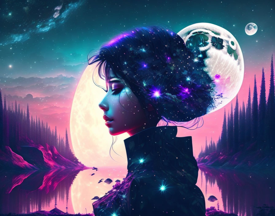 Cosmic-themed side profile of a woman with star-filled hair and moonlit nightscape.