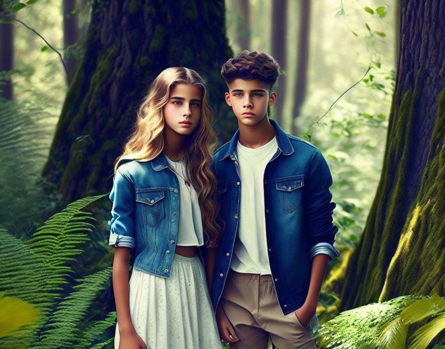 Two young models in denim jackets in lush forest.