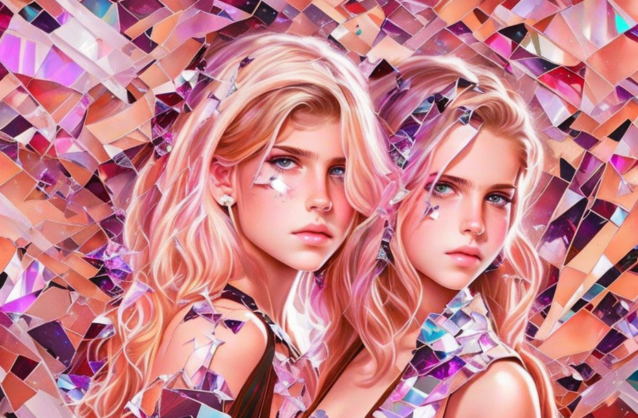 Twin girls with pink hair and blue eyes in kaleidoscopic crystal patterns