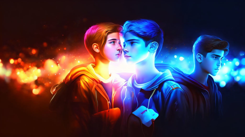 Stylized digital artwork: Three young men in neon lighting