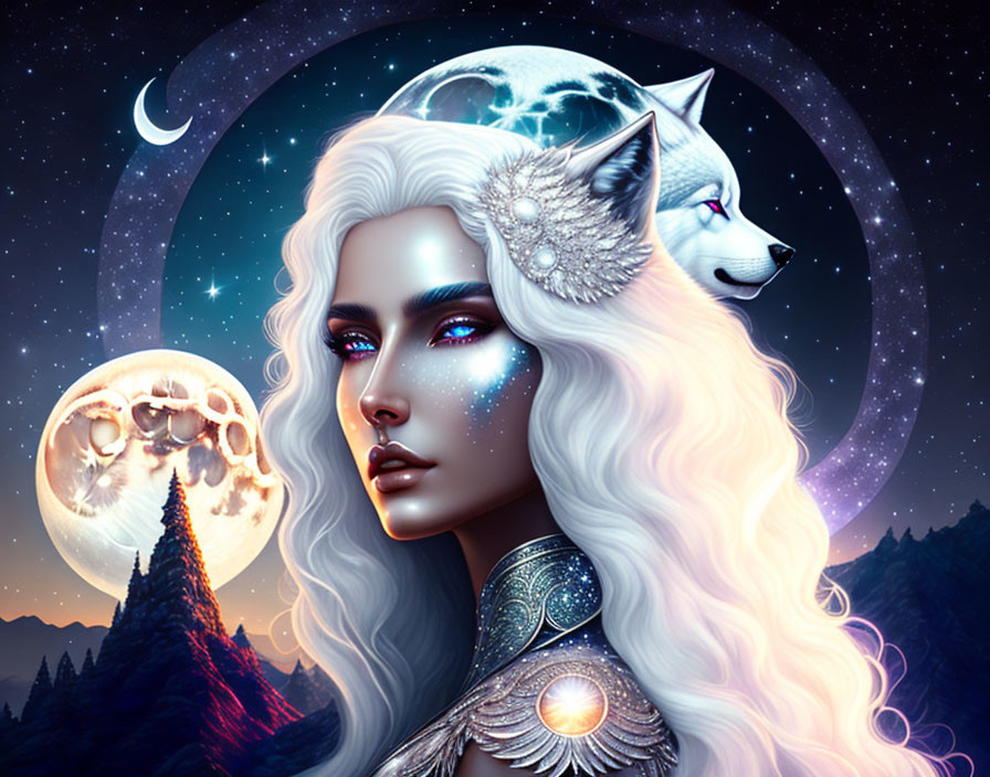 Fantasy illustration of silver-haired woman with wolf under two moons