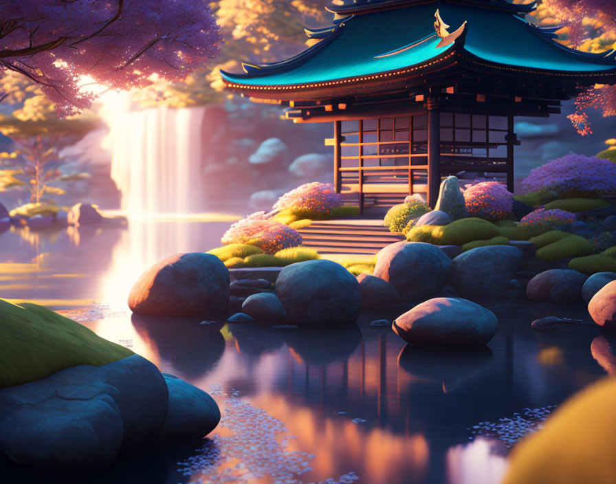 Traditional Japanese pagoda near waterfall with cherry blossoms at sunrise or sunset