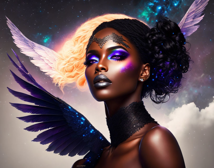 Celestial-themed woman with dark wings in vibrant nebula setting