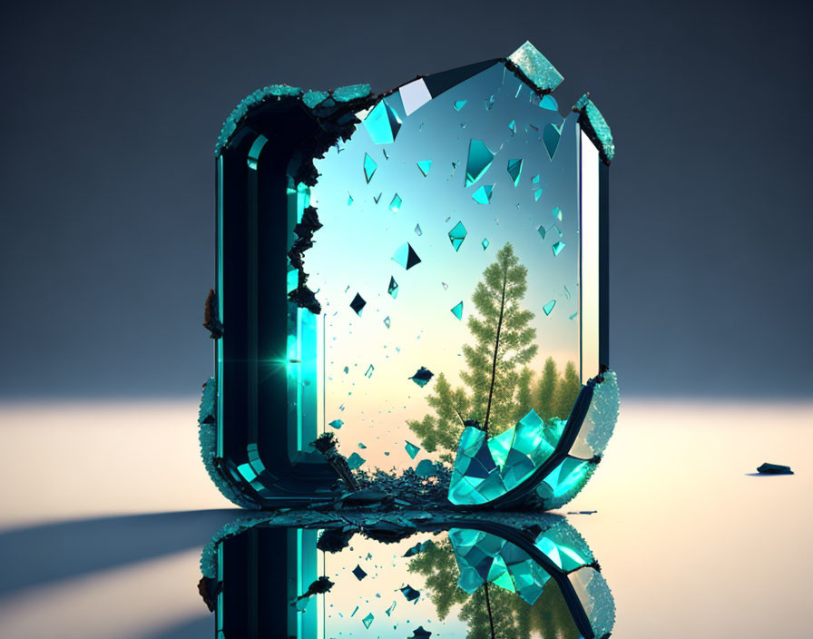 Surreal shattered glass phone with forest reflection on shiny surface