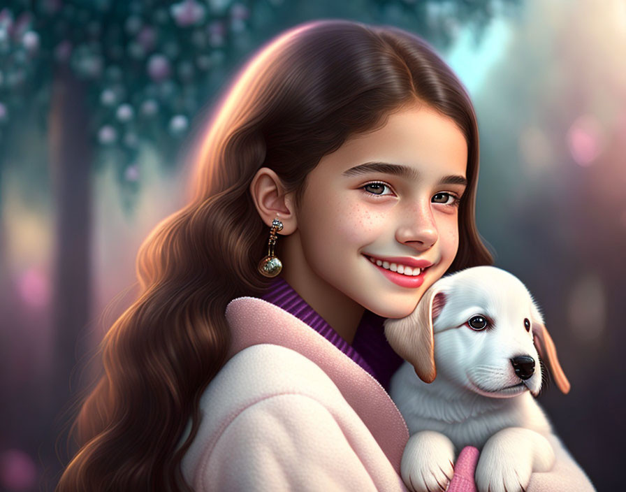 Smiling girl with brown hair holding white puppy in nature