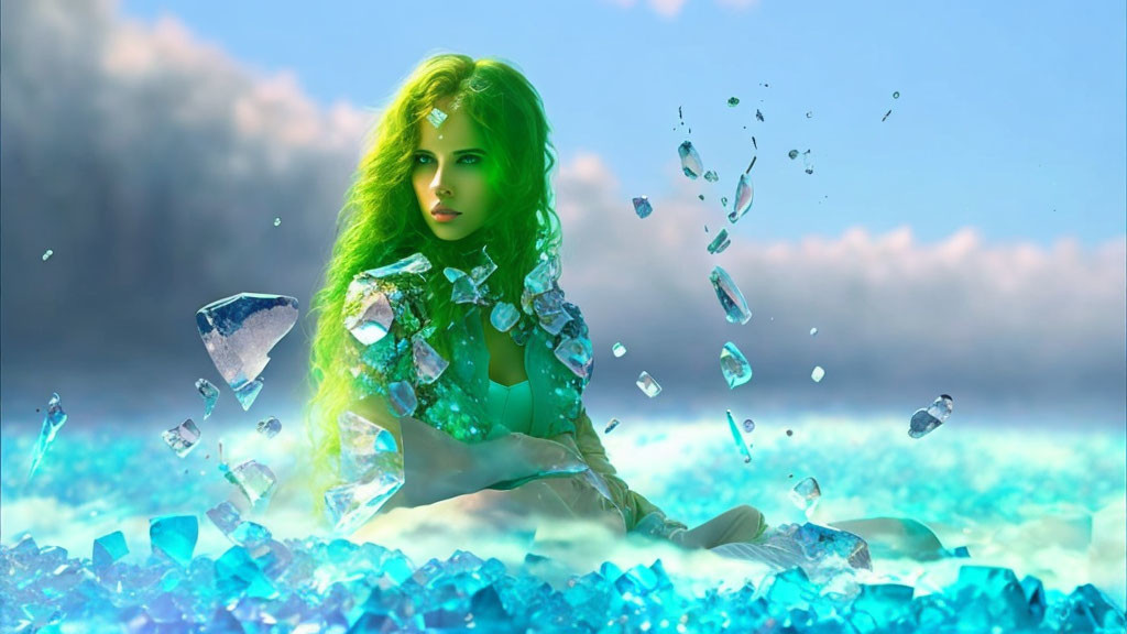 Woman with Green Hair Surrounded by Blue Crystals in Dreamy Sky